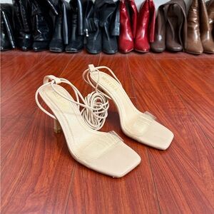 Miss Lola Beige Strappy Square-Toe Heels